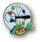 lapel pin of THRILL lab, circular with sky blue background, stylized artwork of magnifying glass looking at Ferris wheel with carousel and roller coaster below
